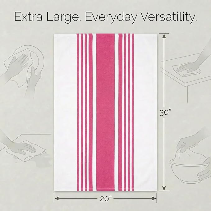 Urban Villa Kitchen Towels 100% Cotton Dish Towels for Kitchen(Set of 6)20”x30” Dish Cloths Highly Absorbent Kitchen Linen Set with Hanging Loop Perfect for Drying Dishes Cleaning Towels-Fuchsia White
