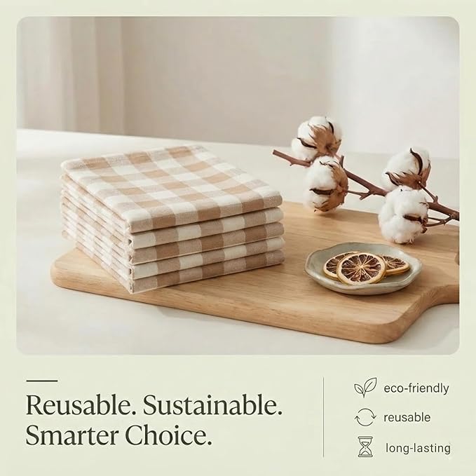 Urban Villa Kitchen Towels Set of 6 Buffalo Checks Taupe/Chocolate/Ivory 20X30 Inches Kitchen Towels 100% Cotton Highly Absorbent Premium Quality Ultra Soft Bar Tea Towels with Mitered Corners