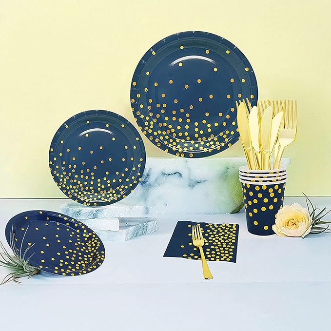 168Pcs Navy Blue Plates and Napkins Party Supplies, Blue Paper Plates Serve 24, blue and Gold Party Decorations, for Birthday, Fathers Day, Graduation, 4th of July