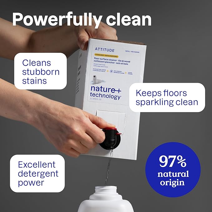 ATTITUDE Floor Cleaner, EWG Verified, Streak-Free, Vegan & Plant-Based for Tile, Wood & Laminate Floors, Citrus Zest Scent, 35.2 Fl Oz (Pack of 6)