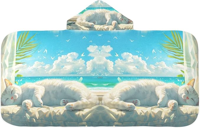 Hooded Towel for Kids Cute White Cat Lying and Basking Beach Wrap Bath Towels 50x23.5in