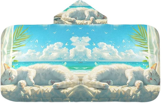 Hooded Towel for Kids Cute White Cat Lying and Basking Beach Wrap Bath Towels 50x23.5in