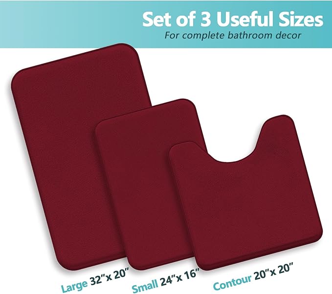 RUN HELIX Bathroom Rugs Sets 3 Piece, Soft Absorbent Memory Foam Bath Mats Set, Dry Fast Bath Mat, Machine Washable Bath Rug Set for Bathroom （Maroon）