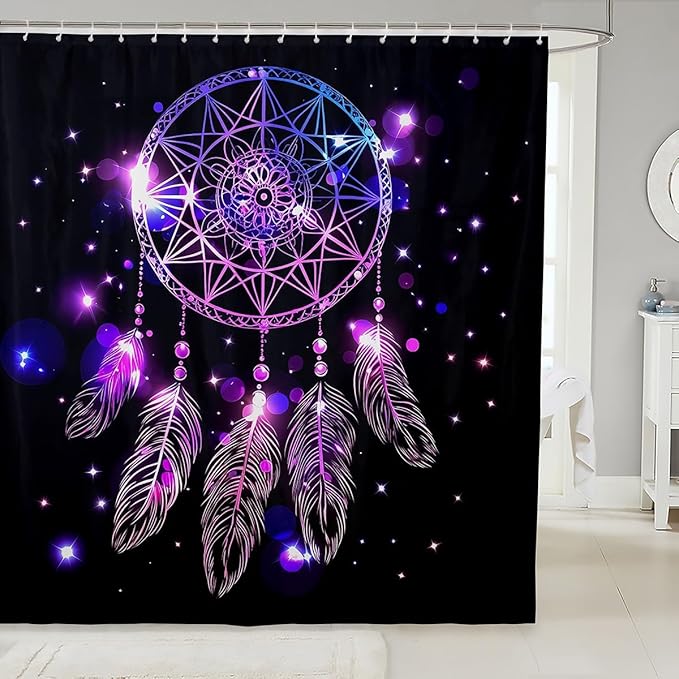 Erosebridal Dream Catcher Feather Shower Curtain, Kids Bohemian Mandala Bath Curtain, Starry Sky Galaxy Shower Curtain Set Boho Tie Dye Exotic Cloth Fabric Bathroom Decor Set With Hooks, 72" W X 84" L