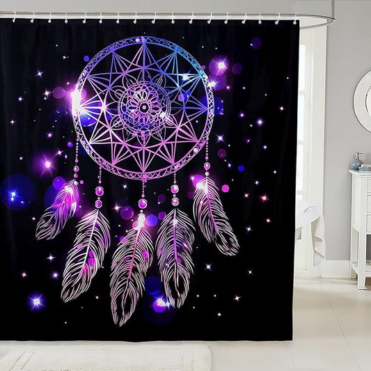 Erosebridal Dream Catcher Feather Shower Curtain, Kids Bohemian Mandala Bath Curtain, Starry Sky Galaxy Shower Curtain Set Boho Tie Dye Exotic Cloth Fabric Bathroom Decor Set With Hooks, 72" W X 84" L