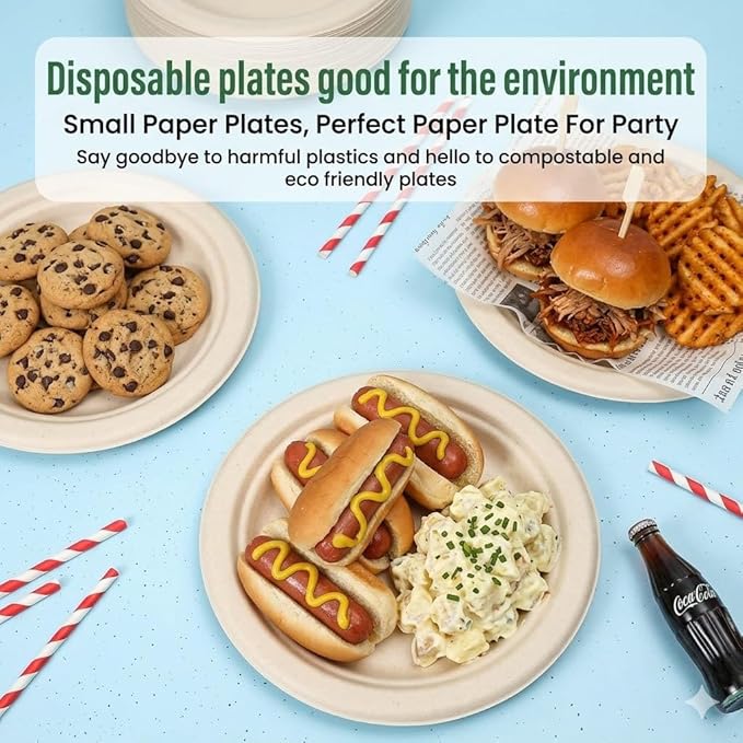 125 Pack 7 inch Paper Plates, Heavy-Duty Disposable Paper Plates 100% Compostable - Biodegradable Bagasse Dessert Plates Bulk for Party, Wedding, Snacks Natural (7 Inch 125 Pack Brown)