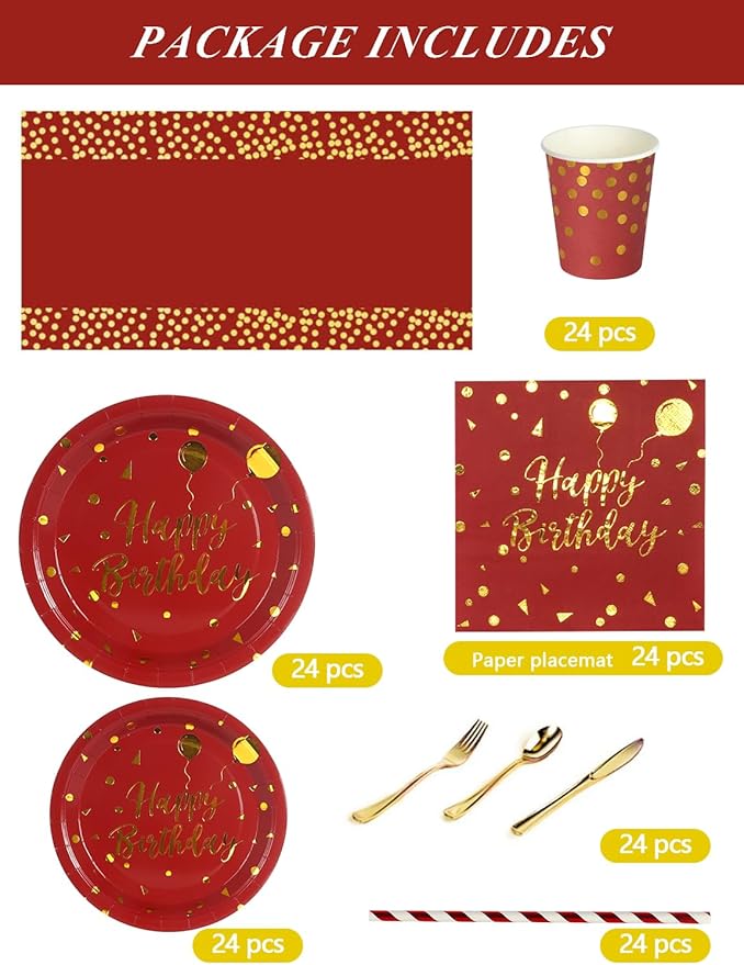 Nkaiso Birthday Plates Party Supplies Set, 161 PCS Burgundy Gold Disposable Party Tableware with Paper Plates Napkins Cups & Silverware, Elegant Birthday Party Plates for Adults, Serves 20
