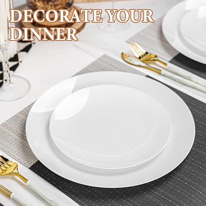 Lullaby 100PCS White Plastic Plates, Disposable White Plastic Plate, 50PCS Dessert Plates 7" and 50PCS Dinner Plates 10", Perfect for Party Wedding and Daily Use