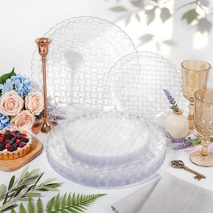Festiva 60PCS Clear Plastic Plates - Heavy Duty Weave Pattern Fancy Disposable Plates -serve for 30 guests Include 30PCS 10" & 30PCS 7" Plates for Party&Wedding (Clear)