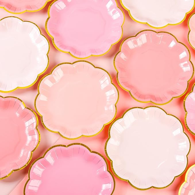 AimFun 24 Pcs Pink Party Plates Mothers Day Gradient Pink Dessert Paper Plates 7inch Gold Foil Scalloped Edge Disposable Cake Plates for Christmas Birthday Bridal Baby Shower Party Supplies