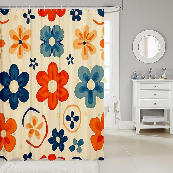 Retro Floral Bathroom Curtain 72"Wx78"L,Colorful Groovy Flower Bath Curtain for Kids Boys Girls,Bohemian Disco Aesthetic Style Shower Curtain Hippie Funky Decor Bathroom Decor Set Y2K Home Decor