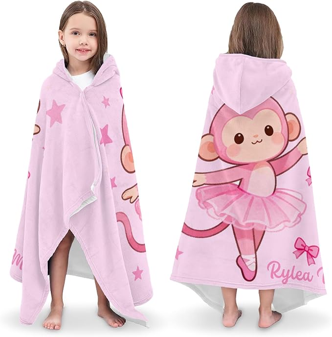Ballet Dancer Pink Monkey Personalized Hooded Towel Absorbent Wrap Soft Pool Beach Bath Towels Hood Poncho for 5-12 Years Kids Boys Girls