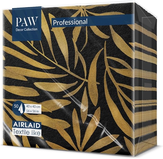 PAW - 50 Pieces Linen-Feel Paper Paper Napkins 16" x 16", Disposable Cloth-Like Napkins with Golden Leaves Design, Dinner Napkins for Party, Wedding, Barbecue, Picnic