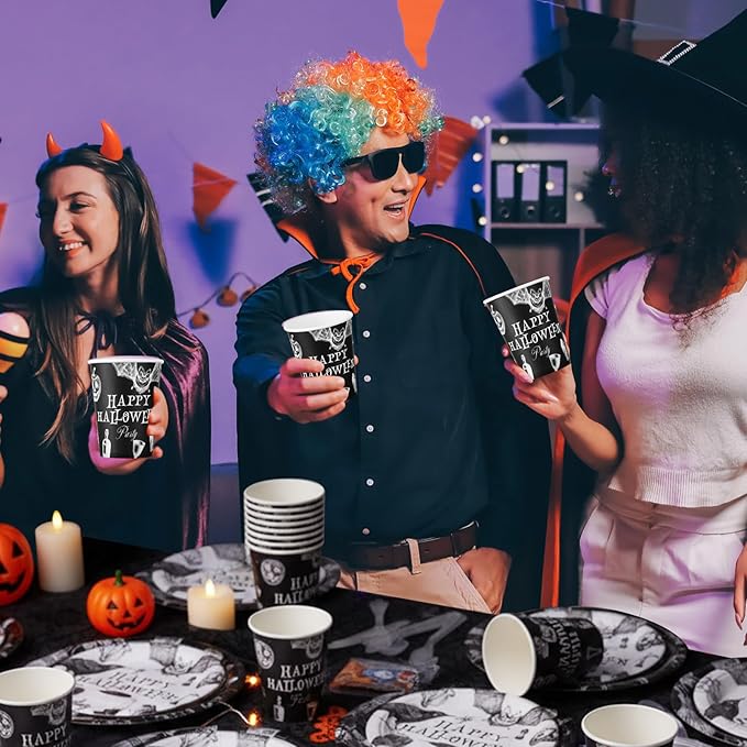 FillTouch 350 Pcs Happy Halloween Party Favor Vintage Halloween Decoration Disposable Tableware for 50 Guests 100 Pumpkin Skull Plates 50 Crows Bats Napkins 50 Cups 50 Sets Knives Fork Spoon