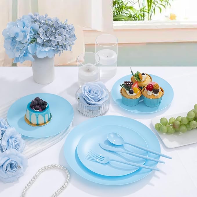 ejonirinjonir EI 150pcs Blue Plastic Plates Disposable Light Blue Baby Shower Plates Heavy Duty Dinnerware Set Plastic Silverware for Party,Wedding,Easter,Spring Afternoon Tea