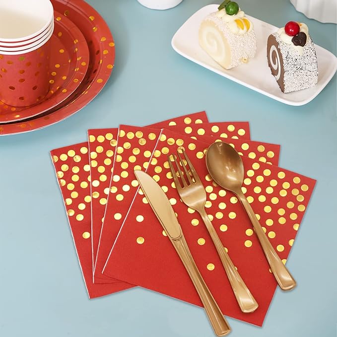 168Pcs Red and Gold Party Decorations, Red Plates and Napkins Party Supplies Serve 24, for Birthday Chinese New Year, Valentines, Mardi Gras