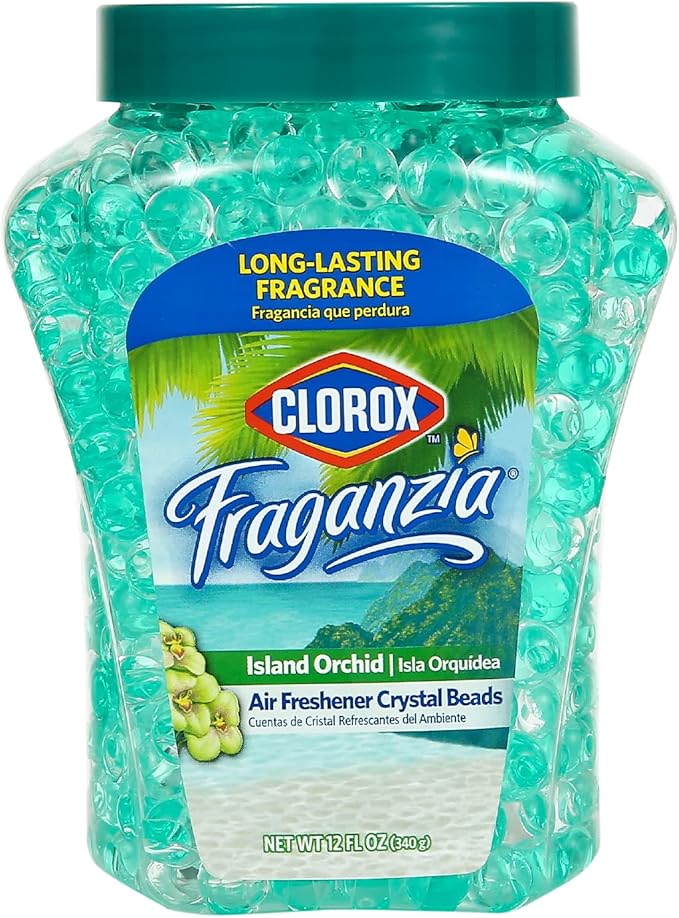 Clorox Fraganzia Crystal Beads Air Freshener, Long Lasting Room Deodorizer and Odor Eliminator Gel Beads to Freshen Home, Car, or Office, Island Orchid Scent, 12 Fl Oz - 12 Pack