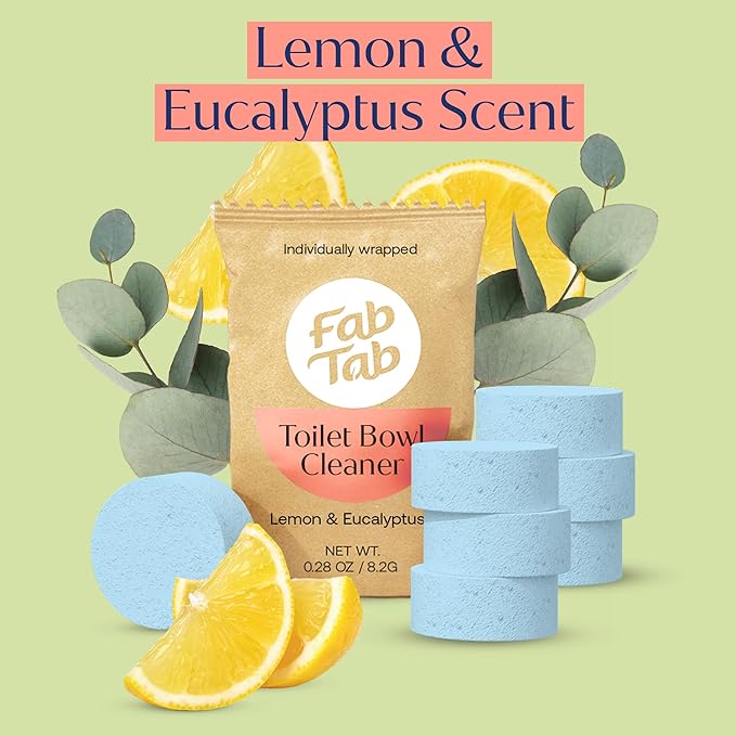 Fab Tab Toilet Cleaner Tablets for Bowl, Powerful Active Toilet Stain and Rust Removal, No Plastic or Harmful Chemicals, Safe for Regular and Septic Tanks, Lemon & Eucalyptus Scent - 90 Pack