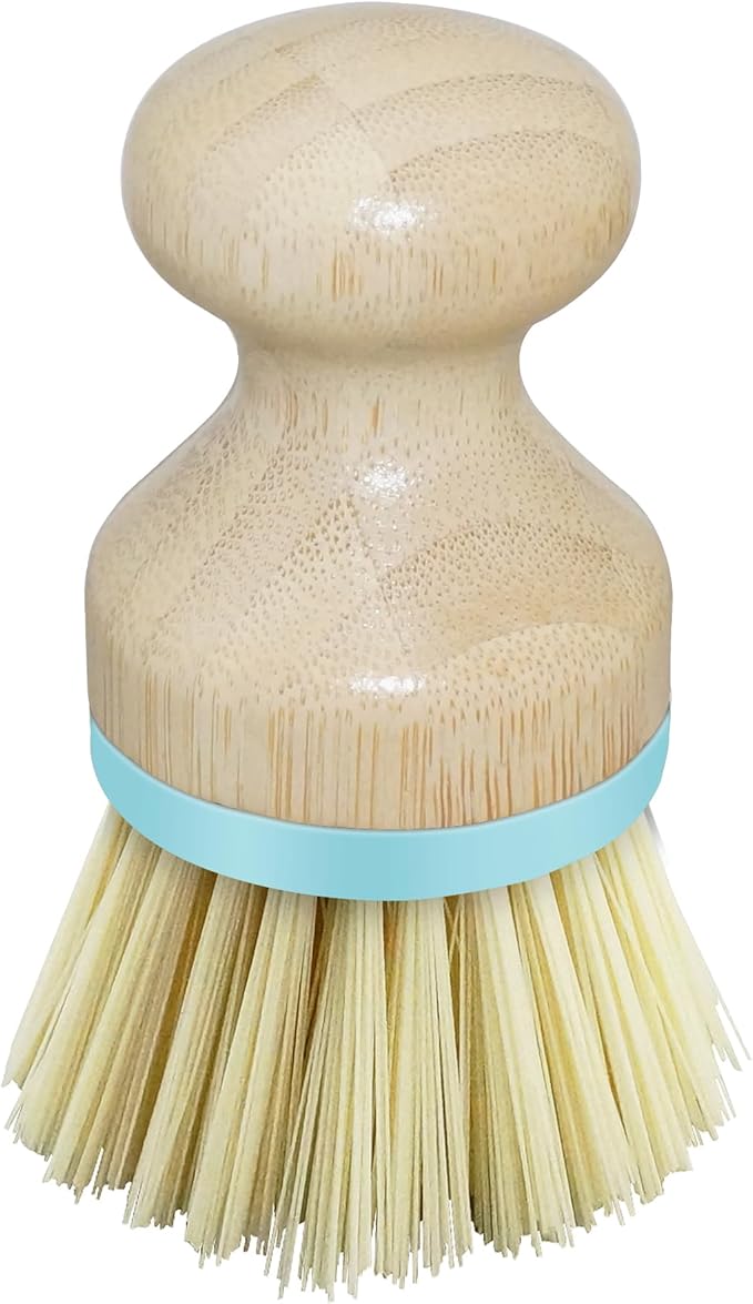 OGGI Natural Bamboo Dish Brush - Round Palm Dish Brush, Non-Scratch, Odorless Nylon Bristles, Durable Scrub Brush for Grease & Grime, Safe Cleaning Brush for Non-Stick Cookware - Turquoise Accent
