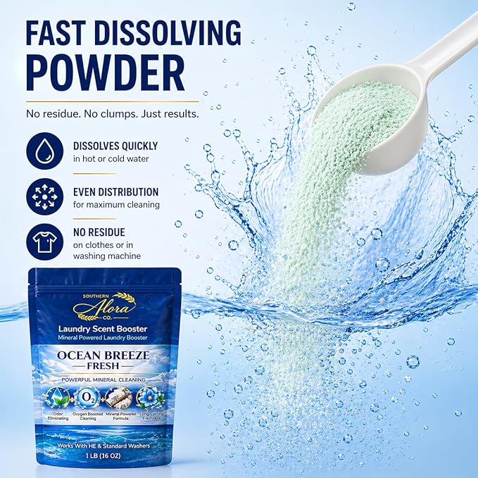 Oxygen Boosted Laundry Scent Booster Powder – Laundry Booster & Odor Eliminator, Laundry Freshener, Deep Clean Detergent Booster, Long Lasting Laundry Scent, HE Safe (1lb) (Ocean Breeze Fresh)