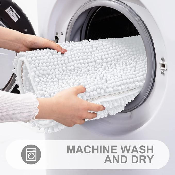 Grandaily Chenille Striped Bathroom Rugs 47x32, Extra Thick and Absorbent Bath Mats, Non-Slip Soft Plush Shaggy Shower Carpet, Machine Wash Dry, Bath Rug for Bathroom, White