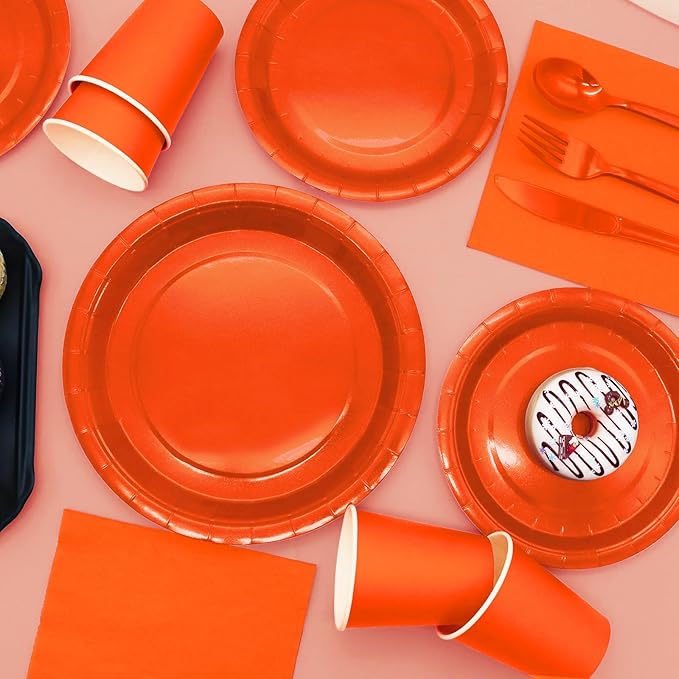 Orange Paper Plates Party Supplies,168pcs Orange Plates and Napkins Party Supplies for Halloween Thanksgiving Fall Orangee Birthday Decorations for Women Serve 24