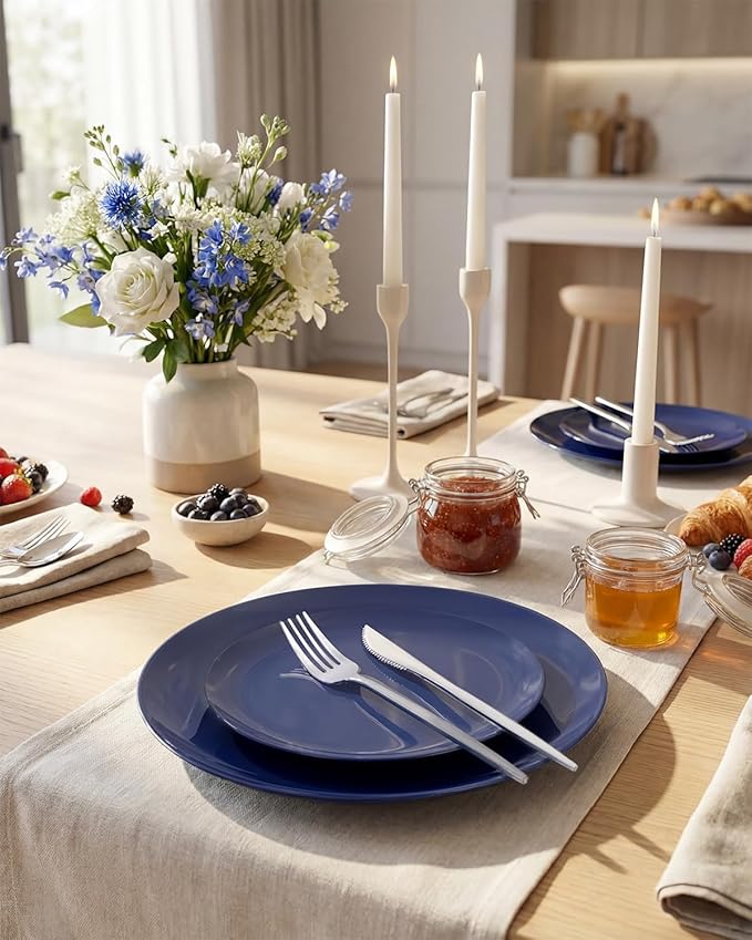 PULOTE 100PCS Blue Plastic Plates - Heavy Duty Navy Blue Disposable - Include 50PCS 10.25inch Dinner & 50PCS 7.5 inch Dessert/Salad Plates - Ideal for Party & Labor Day