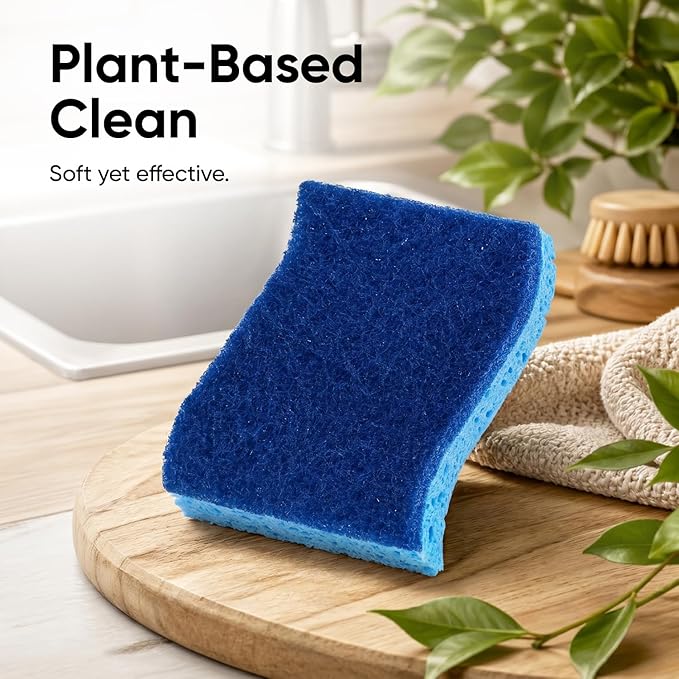 Superio Non-Scratch Cellulose Sponge Kitchen Scrub Sponges with Scouring Pad Set, Good for Non-Stick Cookware Frying Pan, Pot, Counter Top, Sink Scrubbing, Kitchen Scrubbers, Pack of 1, Blue