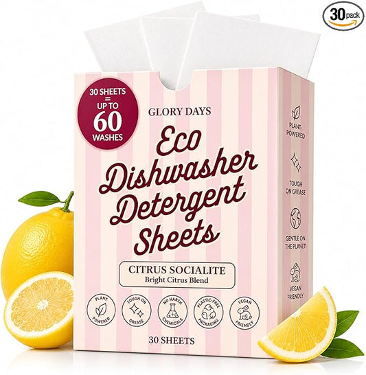 Glory Days Dishwasher Sheets – Citrus Socialite | Eco Friendly, Clean Dishwasher Detergent | Dual Enzyme, Plastic-Free, Vegan | 30 Count
