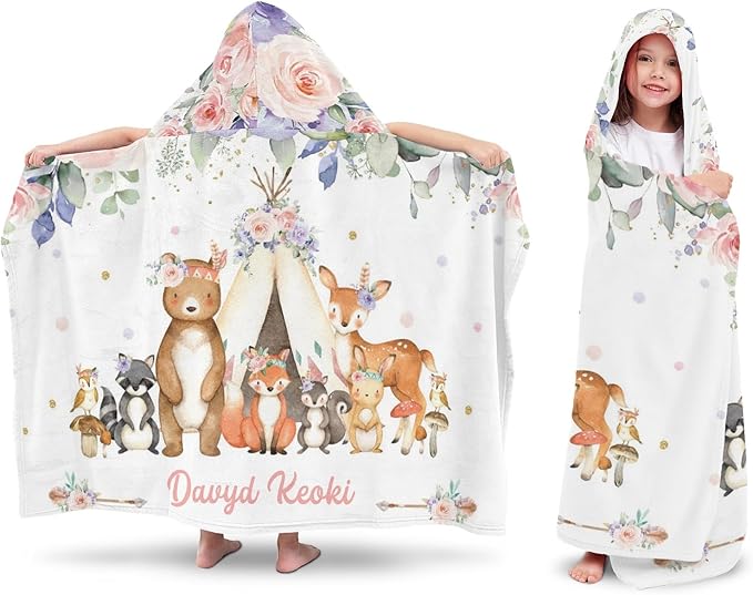 Animals Safari Floral Personalized Kids Hooded Towel with Name Soft Absorbent Beach Pool Bath Towels Hood Poncho for Boys Girls