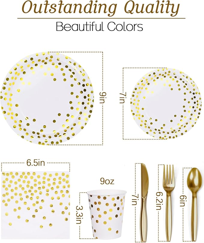 350 Pieces Party Supplies, White and Gold Dots Party Plates Cups and Napkins Sets with Plastic Knives forks spoons, Disposable Tableware Serves 50 Sets for Wedding, Birthday, Graduation, Festivals