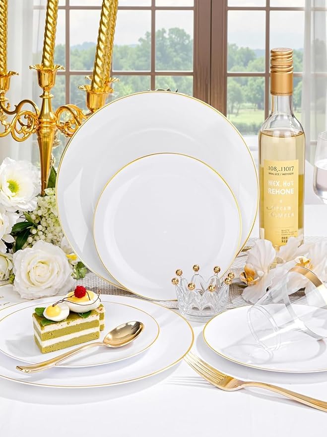WDF 300Pcs White and Gold Plastic Plates - Gold Plates Disposable - 50 Guest Disposable Dinnerware Include 50 Dinner Plate 50 Dessert Plate 50 Cutlery 50 9oz Cups for Wedding/Birthday/Party