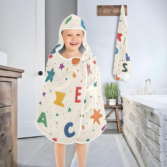 SUABO Kids' Bath Towels Letter Hooded Towels for Boys Girls,Toddler Towels Multi-Purpose for Beach,Pool and Bathroom,23.5" x 50", Soft and Highly Absorbent