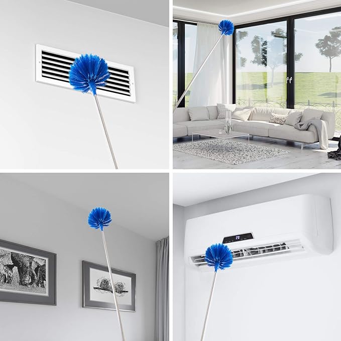 ZZ LAZYCOTTAGE Cobweb Duster with Extension Pole, Washable Cleaning Duster Kit with 2 Duster Heads, Cobweb Duster, Corner Brush, Aluminum Telescoping Pole for Ceiling Fan (Blue)
