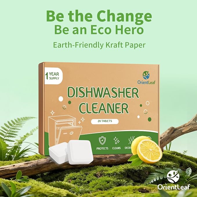 OrientLeaf Dishwasher Cleaner And Deodorizer 24 Pack, 1 Year Supply Dishwasher Cleaning Tablets, Descaler, Removes Limescale, Hard Water Marks, Grease and Odors, Lemon Scent