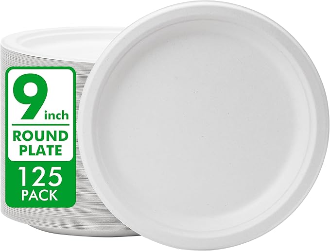 RACETOP Disposable Compostable Paper Plates 9 Inch [125 Pack], White Bagasse, Heavy-Duty Biodegradable Paper Plates, Eco-Friendly, Made of Natural Sugarcane Fibers