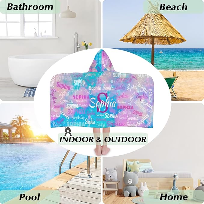 Personalized Hooded Kids Beach Towels - Toddler Bath Towel Girls Boys Swim Cover-ups for Children Pool Towels Lightweight Soft Beach Poncho 24x50IN, Watercolor Pink Blue Galaxy