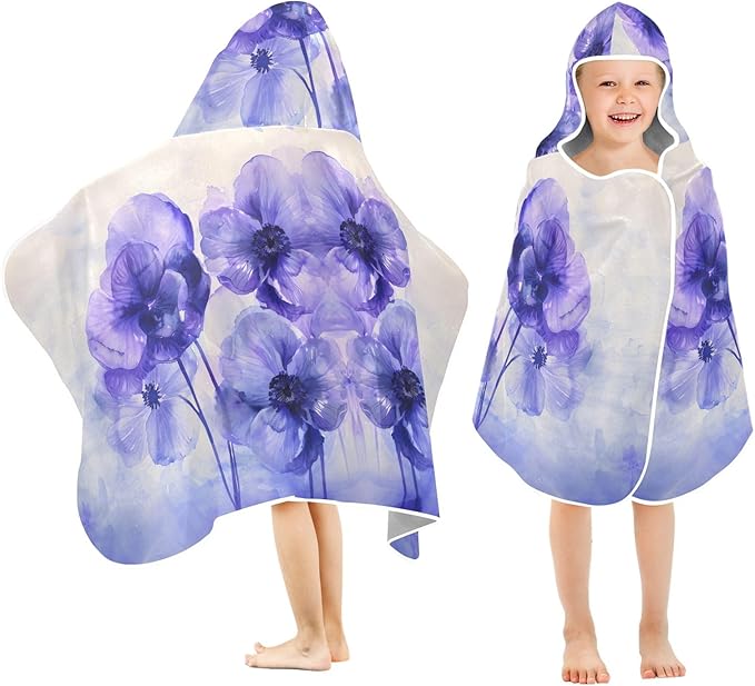 Hooded Towel for Kids Purple and Blue Flowers Water Color Beach Wrap Bath Towels 50x23.5in