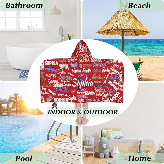 Custom Hooded Bath Beach Towel for Kids, 50"x24" Inch Cotton Soft with Hood for Toddler, Boys, Girls - Wrap/Bathrobe for Pool, Travel, Camping, Swimming, Solid Red Color