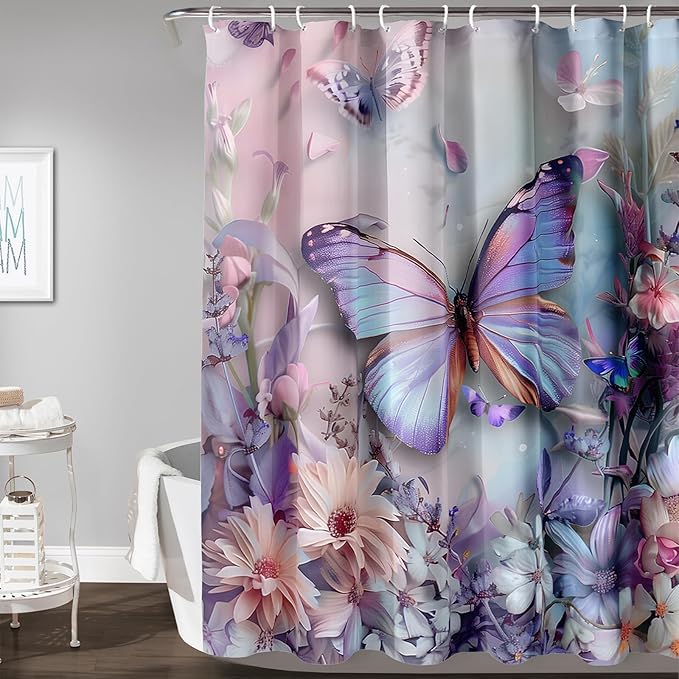 AILONEN Purple Butterfly 48" W x 72" H Shower Curtain - Romantic Floral Butterflies Bath Curtains for Women Girls - 3D Beautiful Flowers Bathroom Curtain + Plastic Hooks - Waterproof