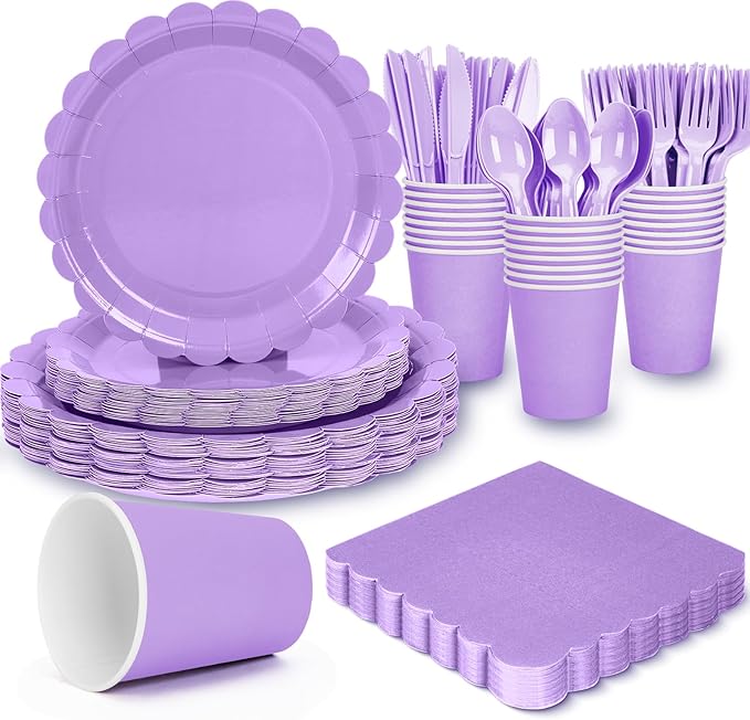 168 Pcs Light Purple Plates and Napkins Set, Purple Party Supplies Include Scalloped Plate Napkins Cups Forks Knives Disposable Plastic Cutlery for Baby Shower, Wedding, Birthday