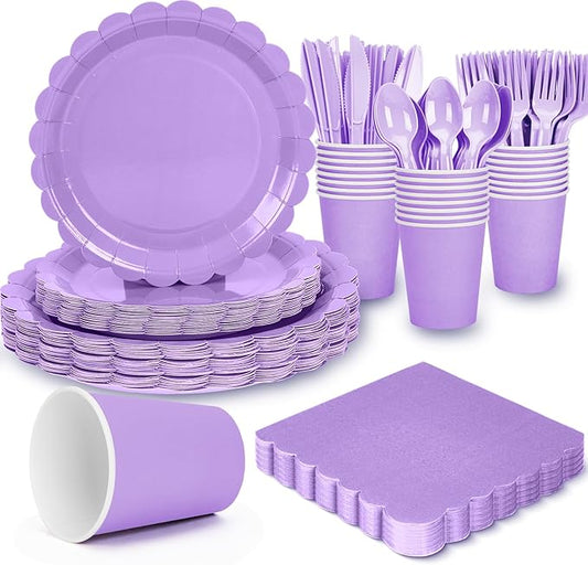 168 Pcs Light Purple Plates and Napkins Set, Purple Party Supplies Include Scalloped Plate Napkins Cups Forks Knives Disposable Plastic Cutlery for Baby Shower, Wedding, Birthday
