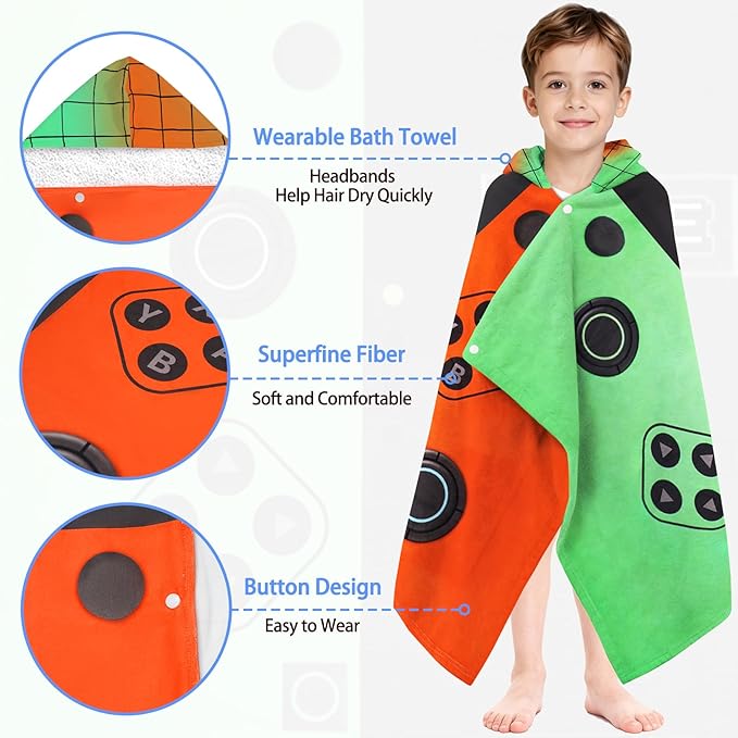 Hooded Towels for Kids - Superfine Fiber Video Game Gamepad Toddler Hood Bath Towels Beach Hooded Poncho Absorbent Pool Toddler Swim Bath Wrap for Boys & Girls 3-10 Years, 50 * 30 inches