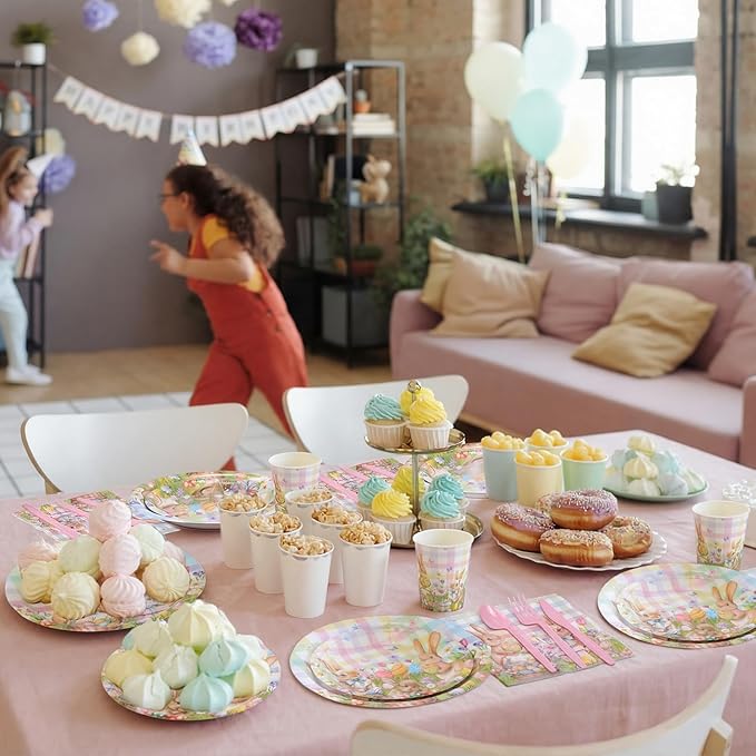 Pickmesh 400 Pcs Bunny Plates and Napkins Set, Bunny Party Decoration with Disposable Paper Plates, Napkins, Cups and Cutlery, Spring Rabbit Party Supplies, Serve 50 Guests