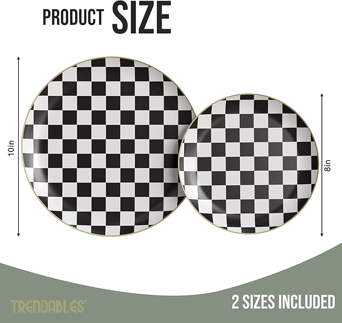 Trendables Checkered Paper Plates with Gold Rim | 200 Pcs Black and White Checkered Plates for Party - 100 x 8 & 100 x 10 | Race Car Party Decorations
