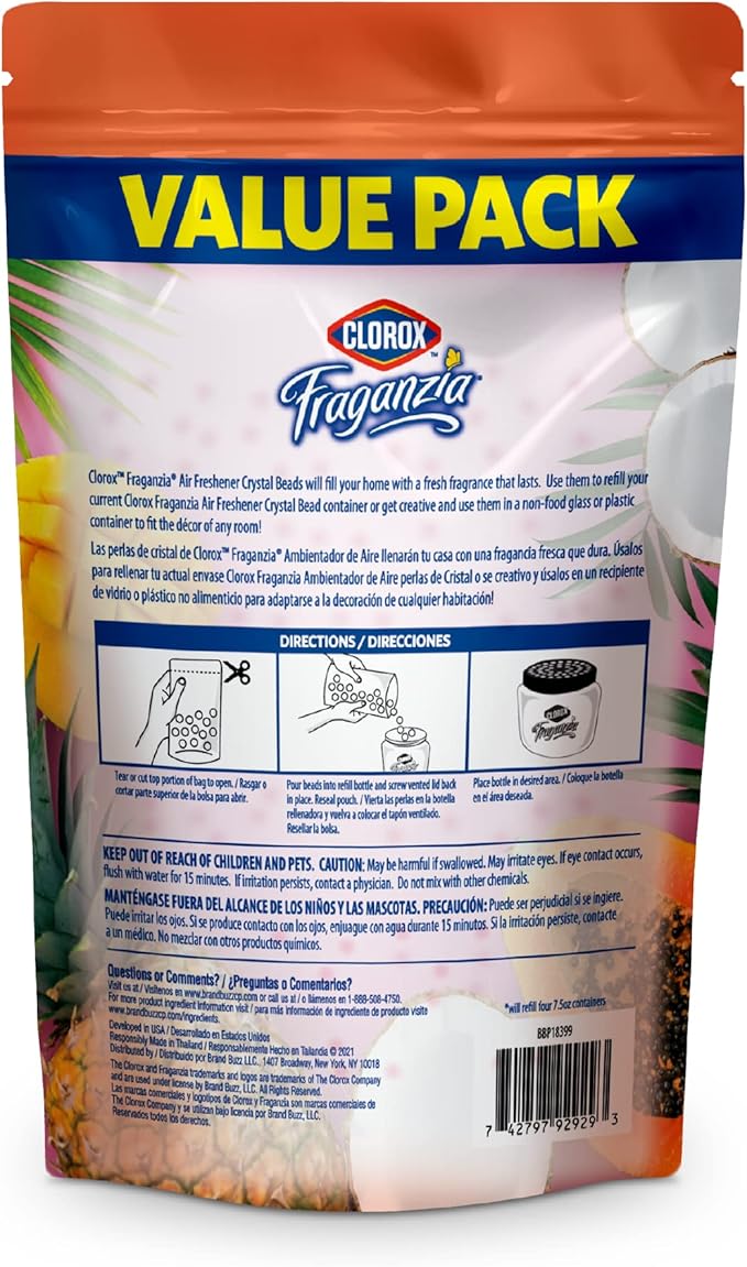 Clorox Fraganzia Crystal Beads Air Freshener, Long Lasting Room Deodorizer and Odor Eliminator Gel Beads to Freshen Home, Car, or Office, Island Escape Scent, 30 Fl Oz Resealable Pouch