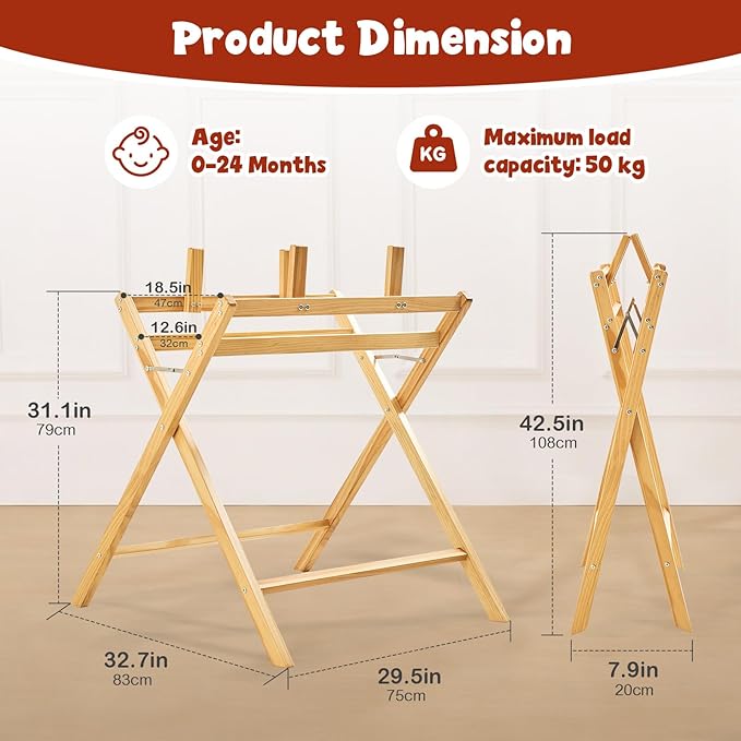 FUNLIO Wooden Baby Bathtub Stand, Foldable Baby Bath Stand for 0-24 Months, Safe & Sturdy with 8-Point Support, Durable infant Tub with Waterproof Coating, 110lbs Capacity