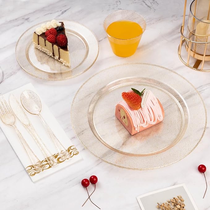 Goodluck 175 Pieces Dinnerware Set for 25 Guests, Plastic Plates Disposable for Party, Include: 50 Gold Glitter Plastic Plates, 25 Paper Napkins, 25 Cups, 25 Gold Glitter Silverware Set