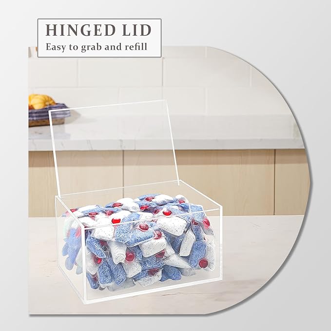 Dishwasher Pod Holder Acrylic with Hinged Lid, Modern Style Dishwasher Cleaner Tablets Container Box for Detergent, Clear