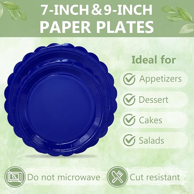 Mulbozy 100 Royal Blue Plates and Napkins Disposable Set Includes 25-9" & 25-7" Dessert Cake Scalloped Plates, Cocktail Napkins, Forks for for Holiday Party Supplies